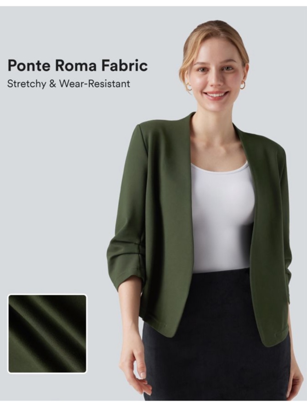 Womens Olive Green Ponte Roma Open-Front Jacket Wear-Resistant V-neck 3/4 Sleeve